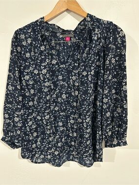 Vince Camuto Navy and White Floral Tie-Neck Blouse